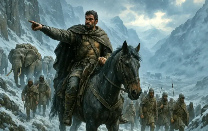 Hannibal Barca’nın ordusuyla birlikte karlı Alp Dağları’nı aşarken önden ilerlediği sahne; süvariler, askerler ve savaş filleri dar bir geçitte yürürken tarihi geçişin dramatik atmosferi.